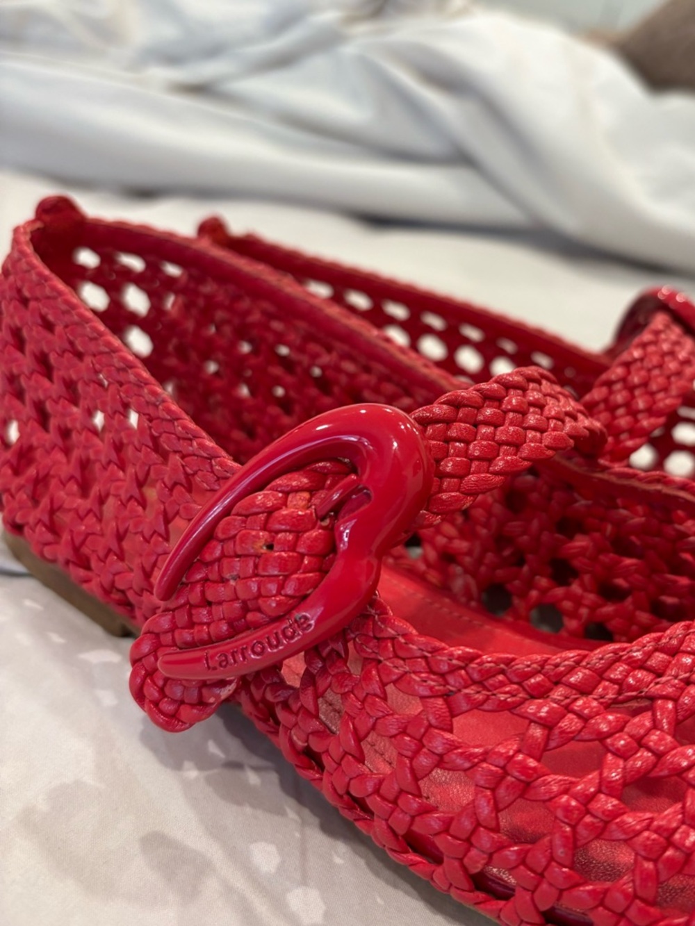 Larroude Verona Macrame Red Woven Flats
